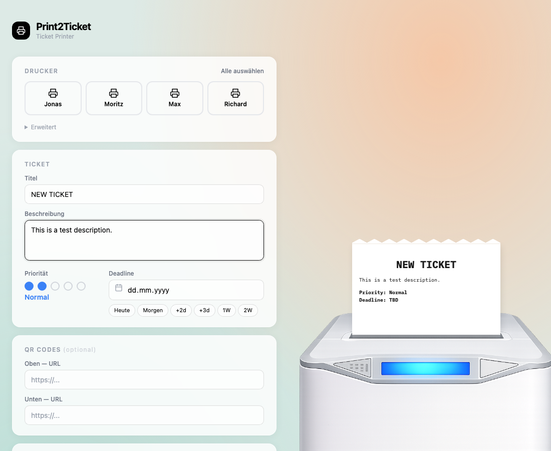 Print2Ticket App mit ausgefülltem Ticket
